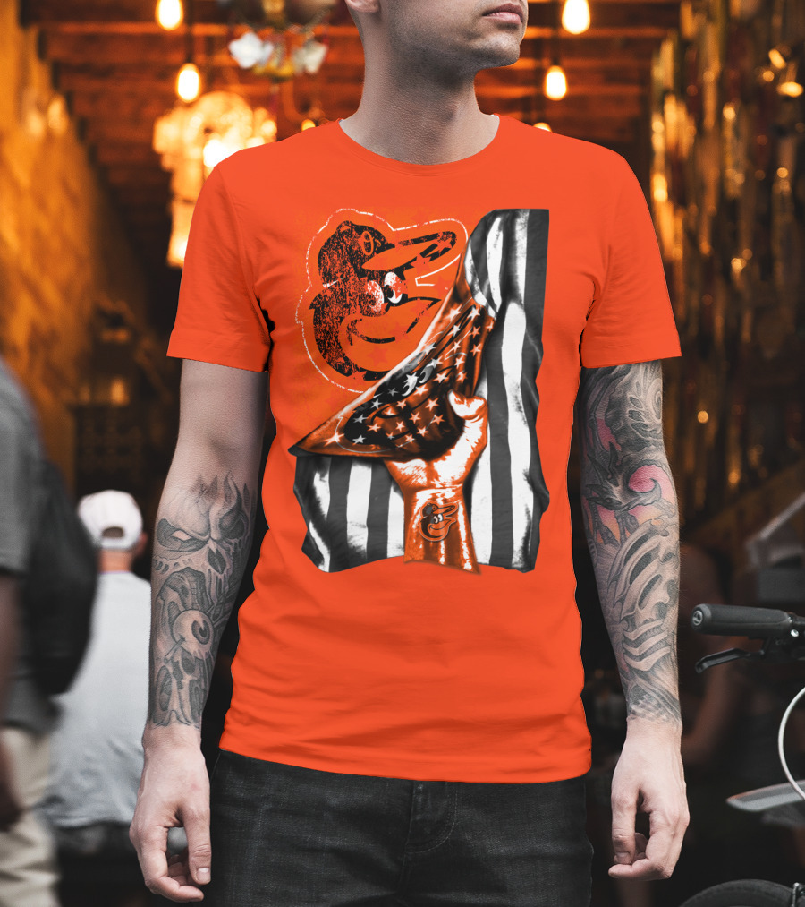 Baltimore Orioles American Flag Fist Logo On Orange T-Shirt