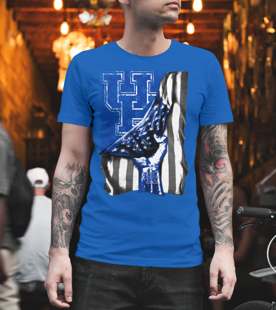 Kentucky Wildcats U.s. Flag Blue And White Logo Fusion T-Shirt