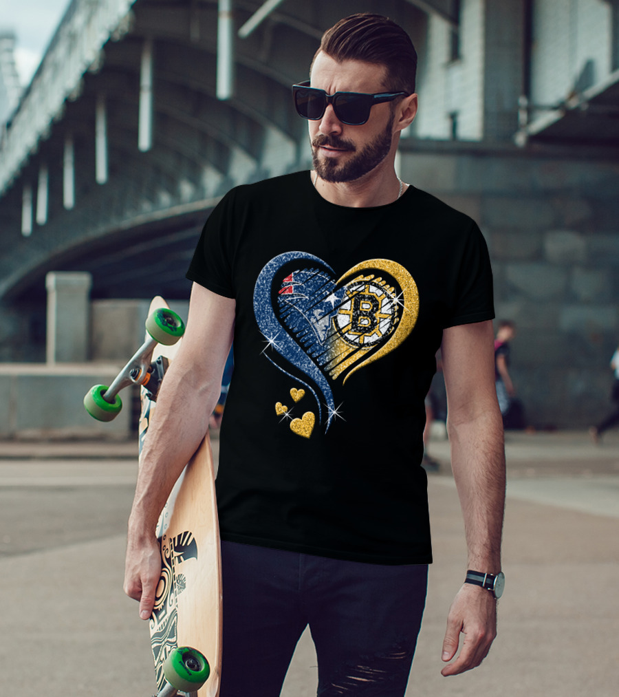 New England Patriots Boston Bruins Heart Design T-Shirt