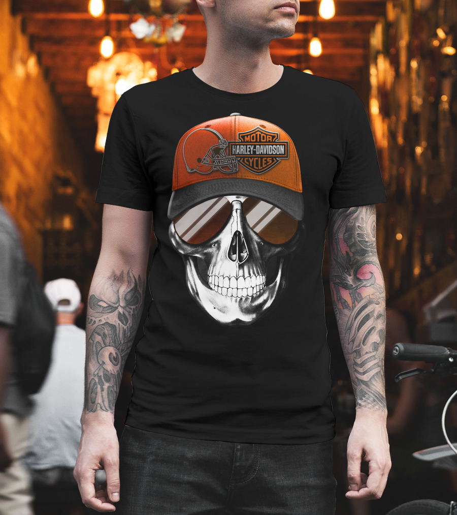 Cleveland Browns Harley Davidson Skull Sunglasses T-Shirt