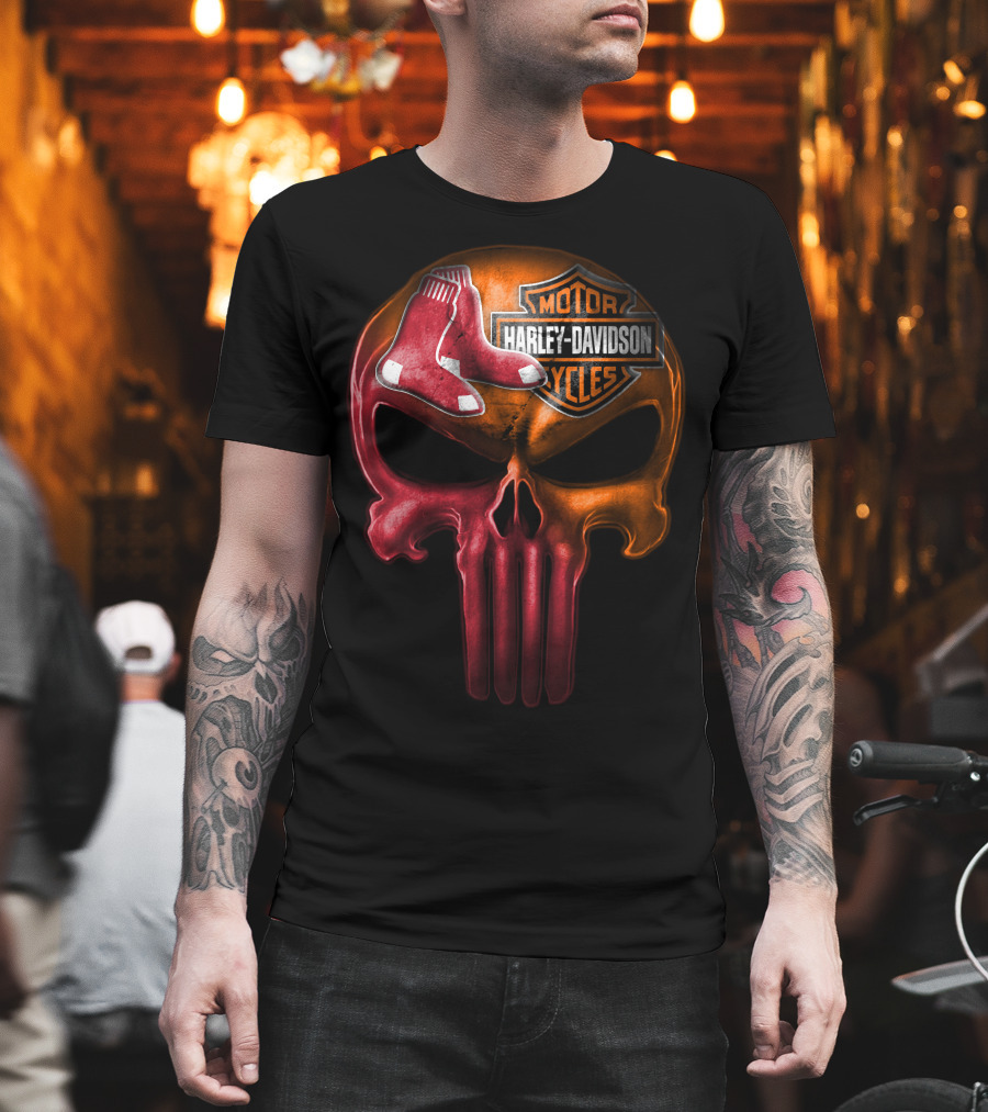Harley Davidson Motorcycles Red Sox Logo Skull T-Shirt