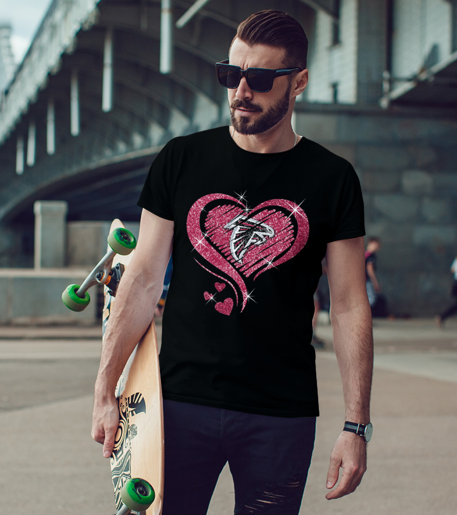 Heart Diamond Atlanta Falcons Sparkling Logo In Glittered Pink Hearts T-Shirt