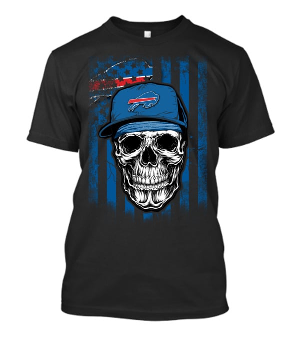 Buffalo Bills Skull With Cap American Flag Background T-Shirt