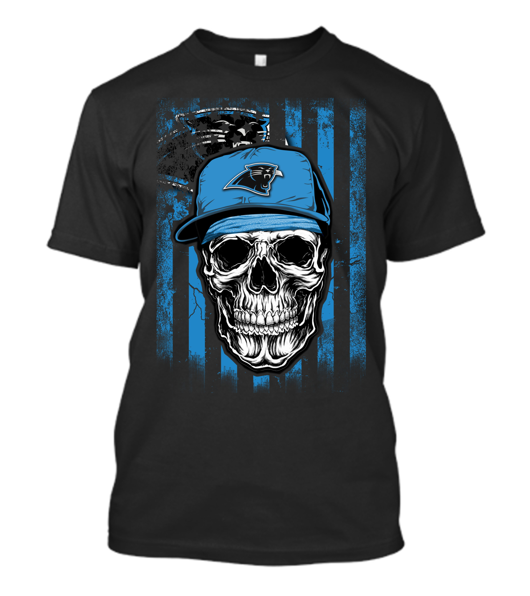 Skull Wearing Carolina Panthers Hat With Blue And Black Stripes T-Shirt