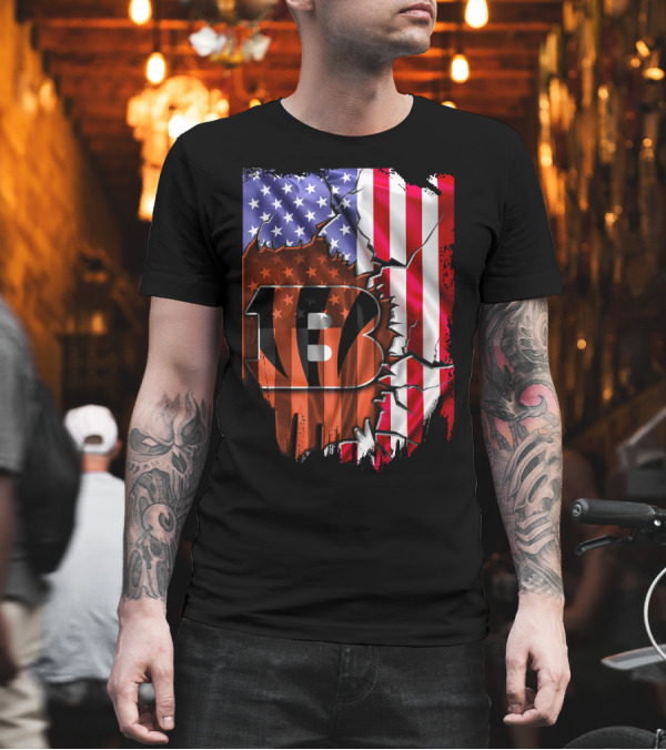 Bengals Stripes and American Flag Cincinnati Bengals 13 T-Shirt Bengals Stripes and American Flag Cincinnati Bengals 13 T-Shirt