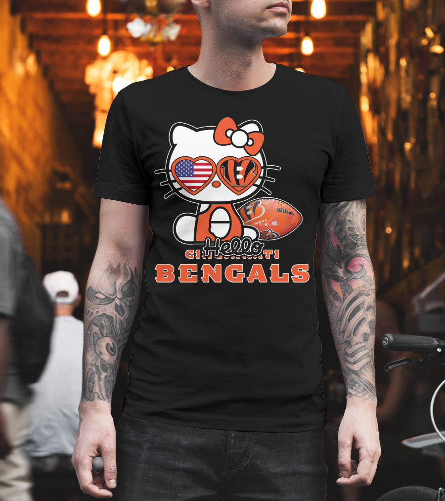 Hello Kitty Cincinnati Bengals Football Heart Glasses USA Flag T-Shirt