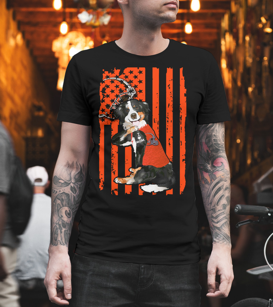 Border Collie I Love Mom Cleveland Browns Football American Flag T-Shirt