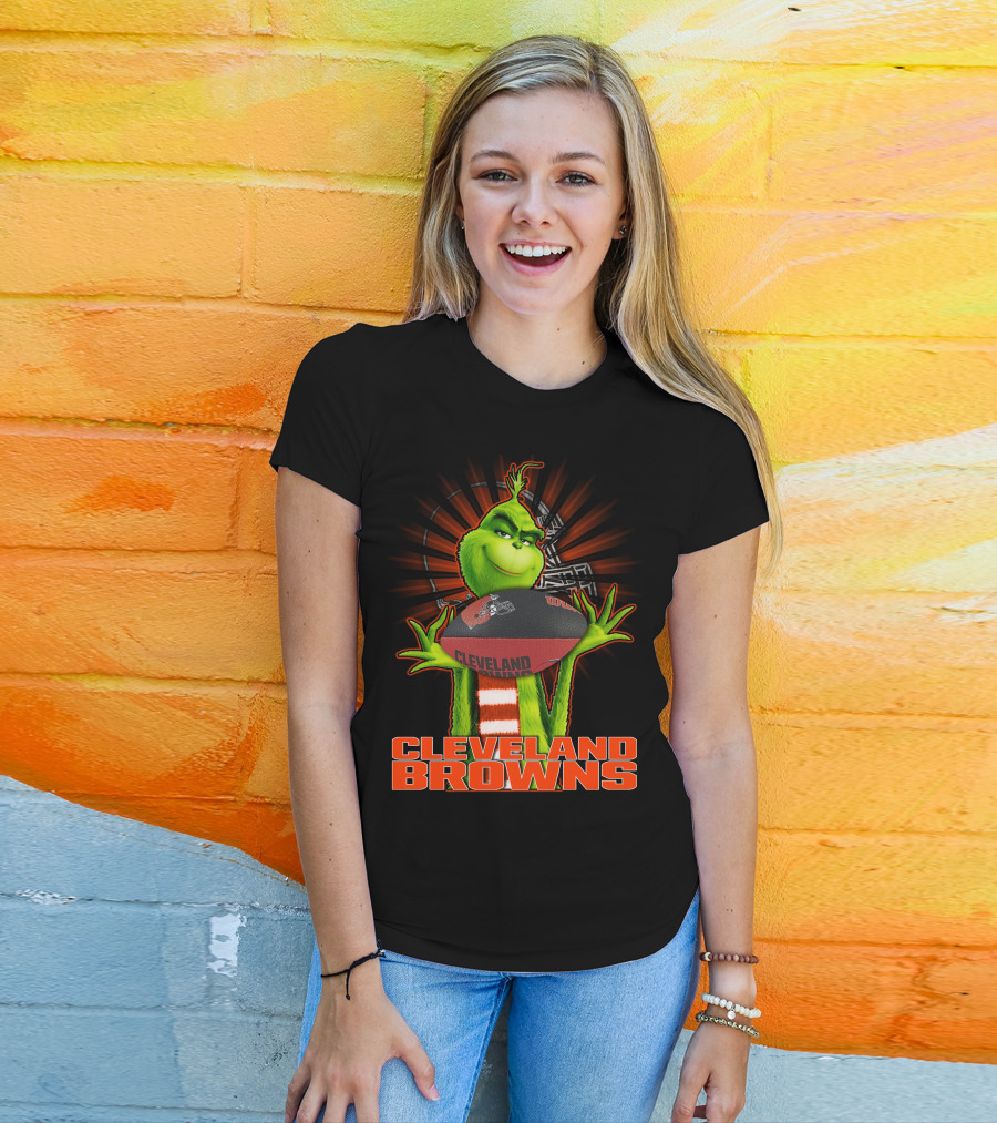 Grinch Holding Cleveland Browns Football Emblem T-Shirt