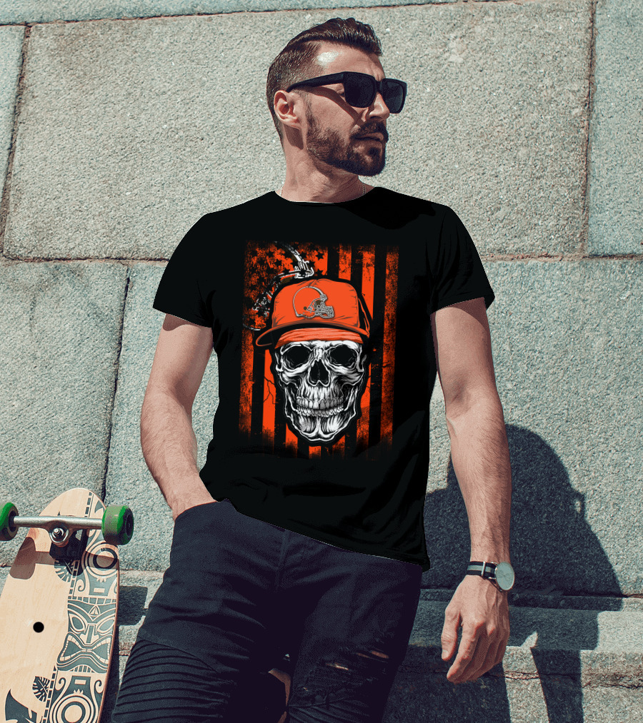 Cleveland Browns Skull Helmet Hat Orange Black Stripes T-Shirt