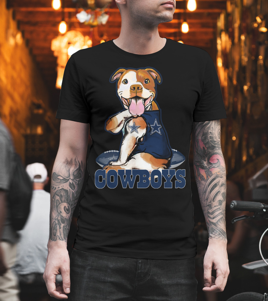Pittbull Wearing Dallas Cowboys Jersey With Football And Star T-Shirt