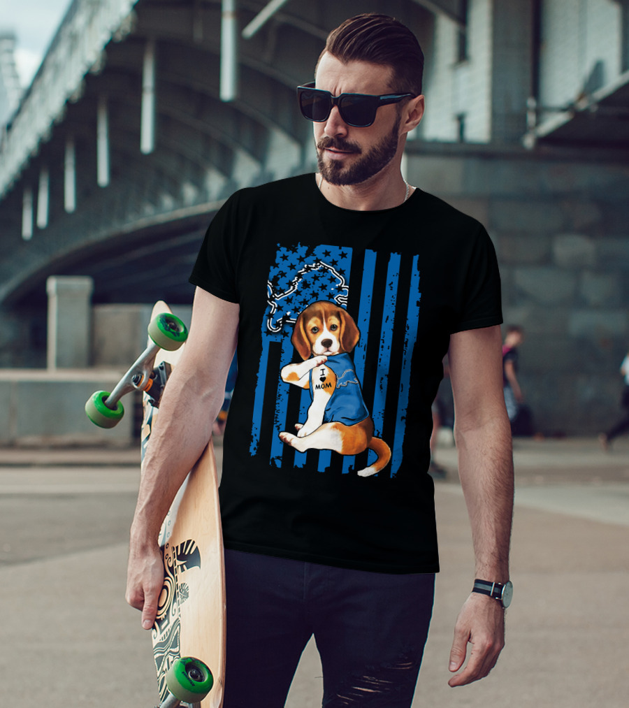 Beagle Detroit Lions I Love Mom Blue Stripes T-Shirt