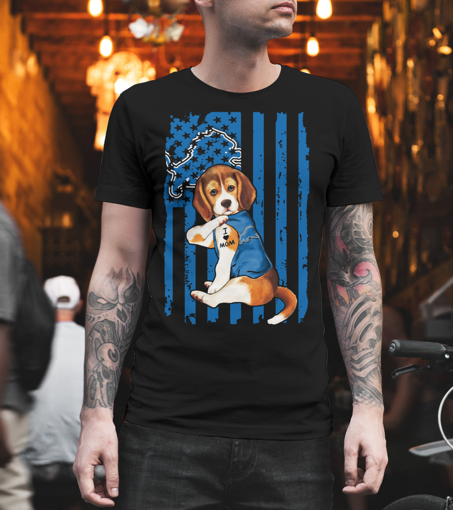 Beagle Detroit Lions I Love Mom Blue Stripes T-Shirt