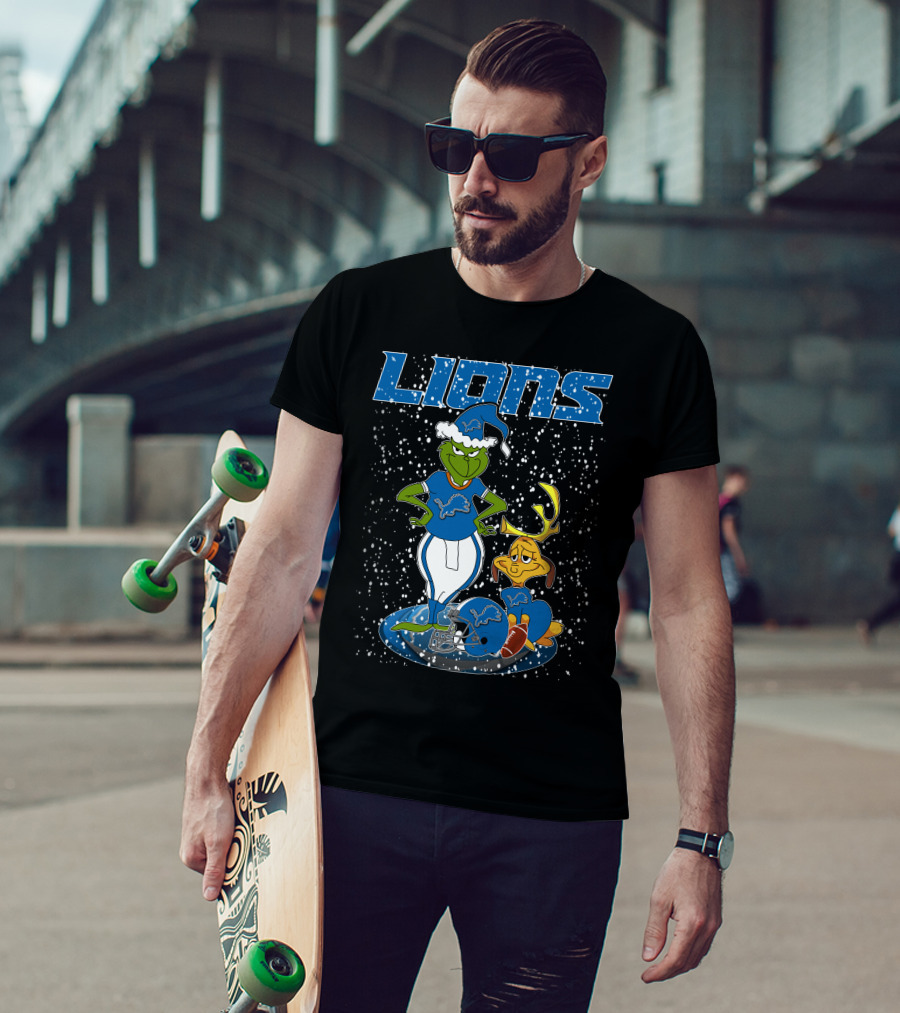 Grinchxmas Detroit Lions Snowy Holiday Characters With Blue Helmets T-Shirt