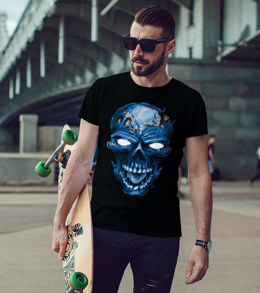 Skull Detroit Lions Blue Dark T-Shirt