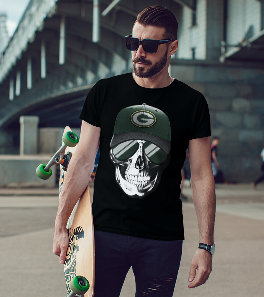 Skull Wearing Green Bay Packers Cap With Sunglasses T-Shirt