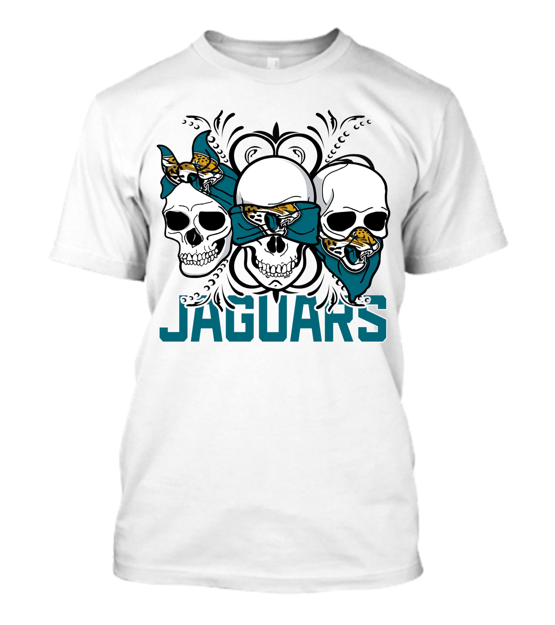 Jacksonville Jaguars Three Skull Teal Bandana T-Shirt