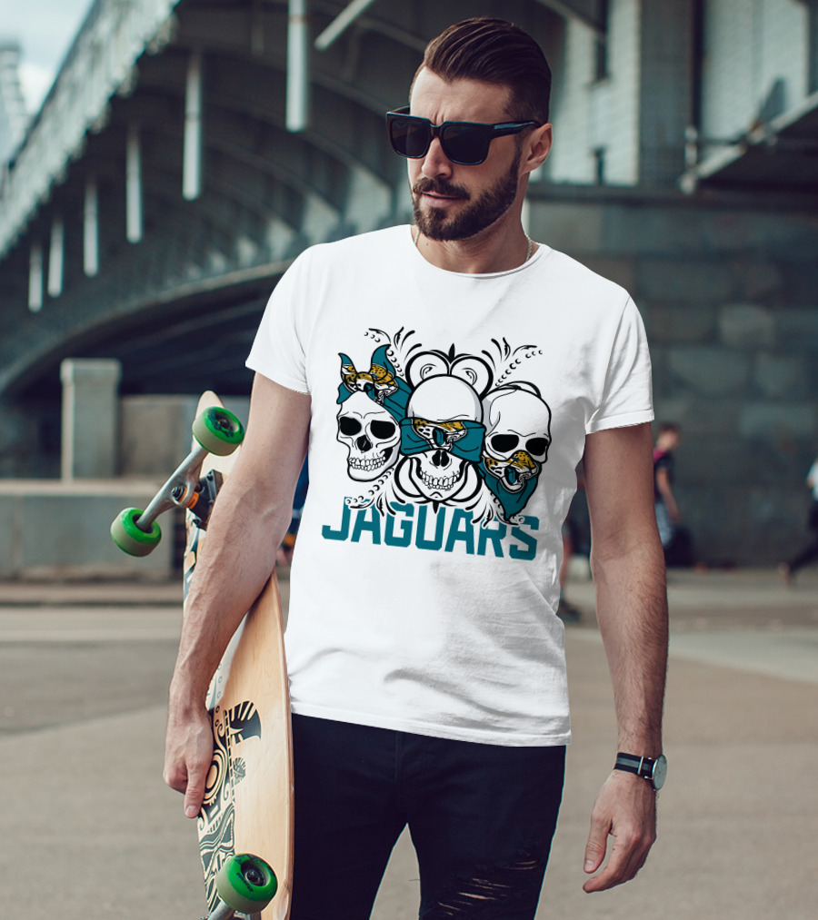 Jacksonville Jaguars Three Skull Teal Bandana T-Shirt