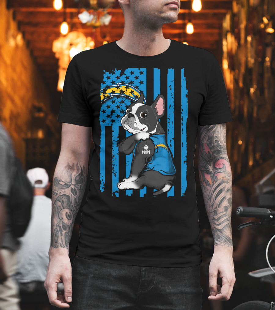 Boston Terrier I Love Mom Los Angeles Chargers Fan T-Shirt