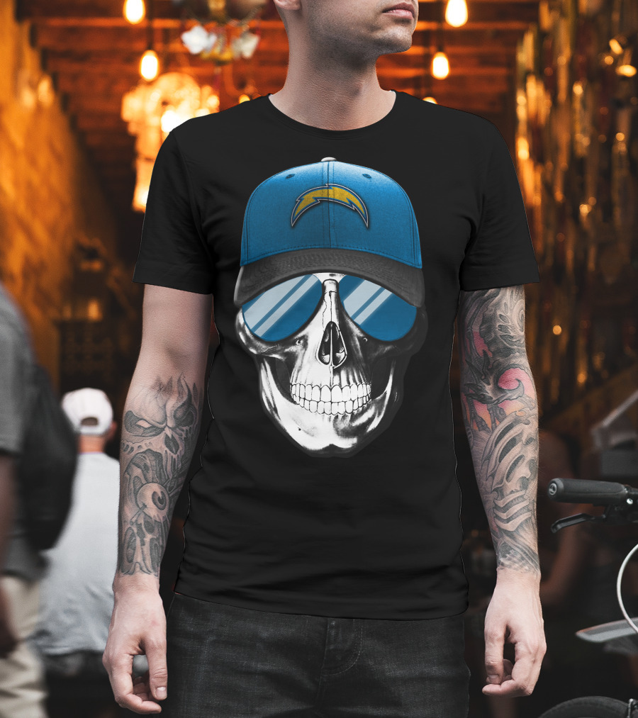 Skull Wearing Los Angeles Chargers Cap With Blue Sunglasses T-Shirt
