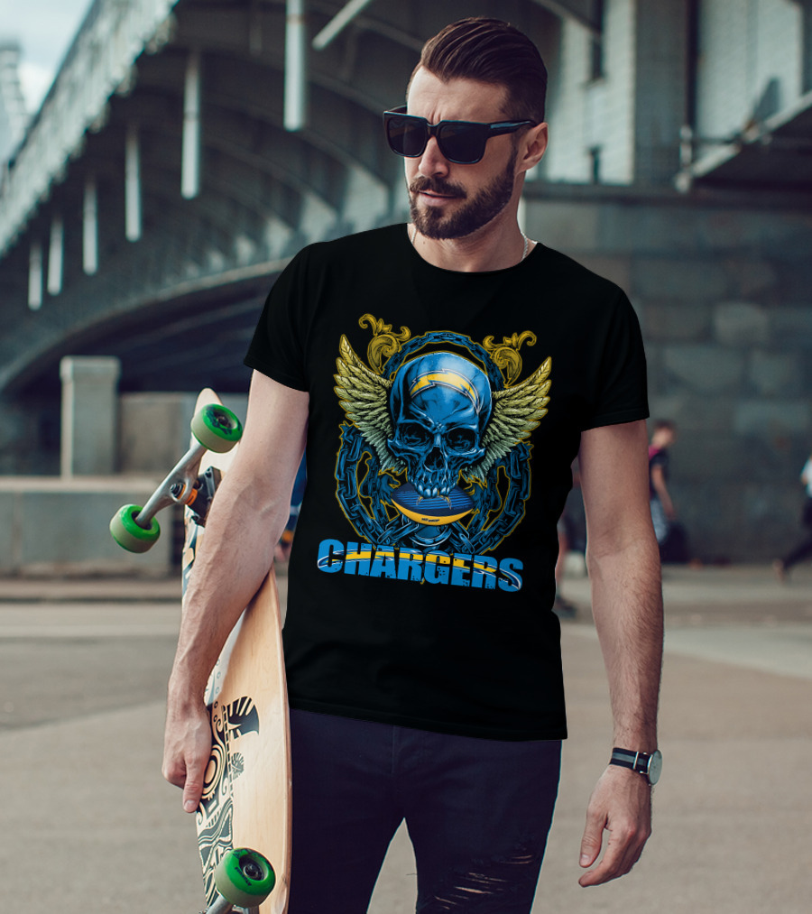 Skullfb Chargers Los Angeles Winged Skull Football Helmet And Chains T-Shirt