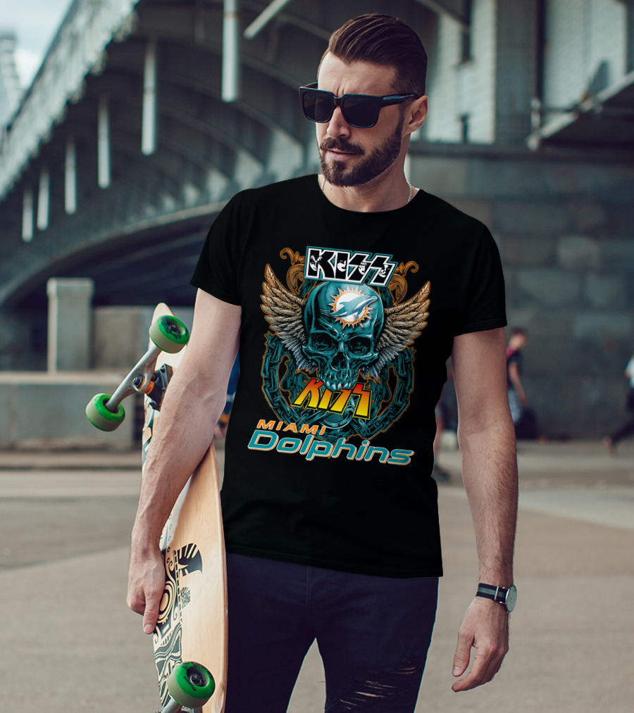 Kiss Miami Dolphins Skull Wings Logo Fusion T-Shirt