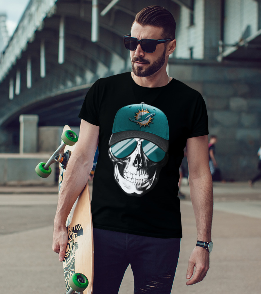 Skull With Miami Dolphins Hat And Sunglasses T-Shirt