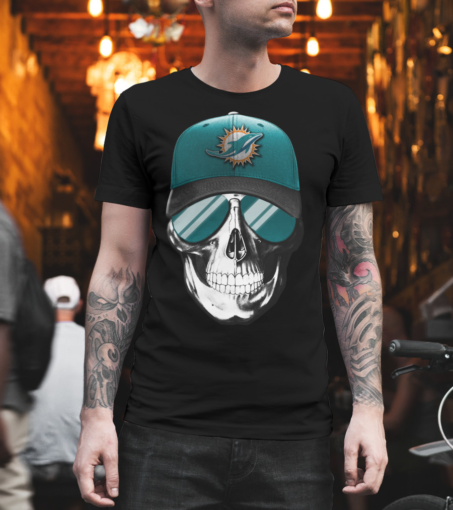 Skull With Miami Dolphins Hat And Sunglasses T-Shirt