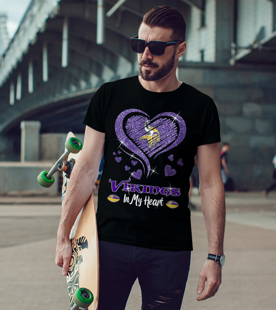 Vikings In My Heart Minnesota Vikings Logo Purple Sparkling Hearts T-Shirt