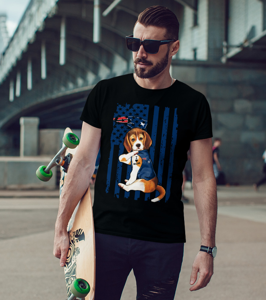 Patriotic Beagle Wearing New England Patriots Jersey I Love Mom T-Shirt