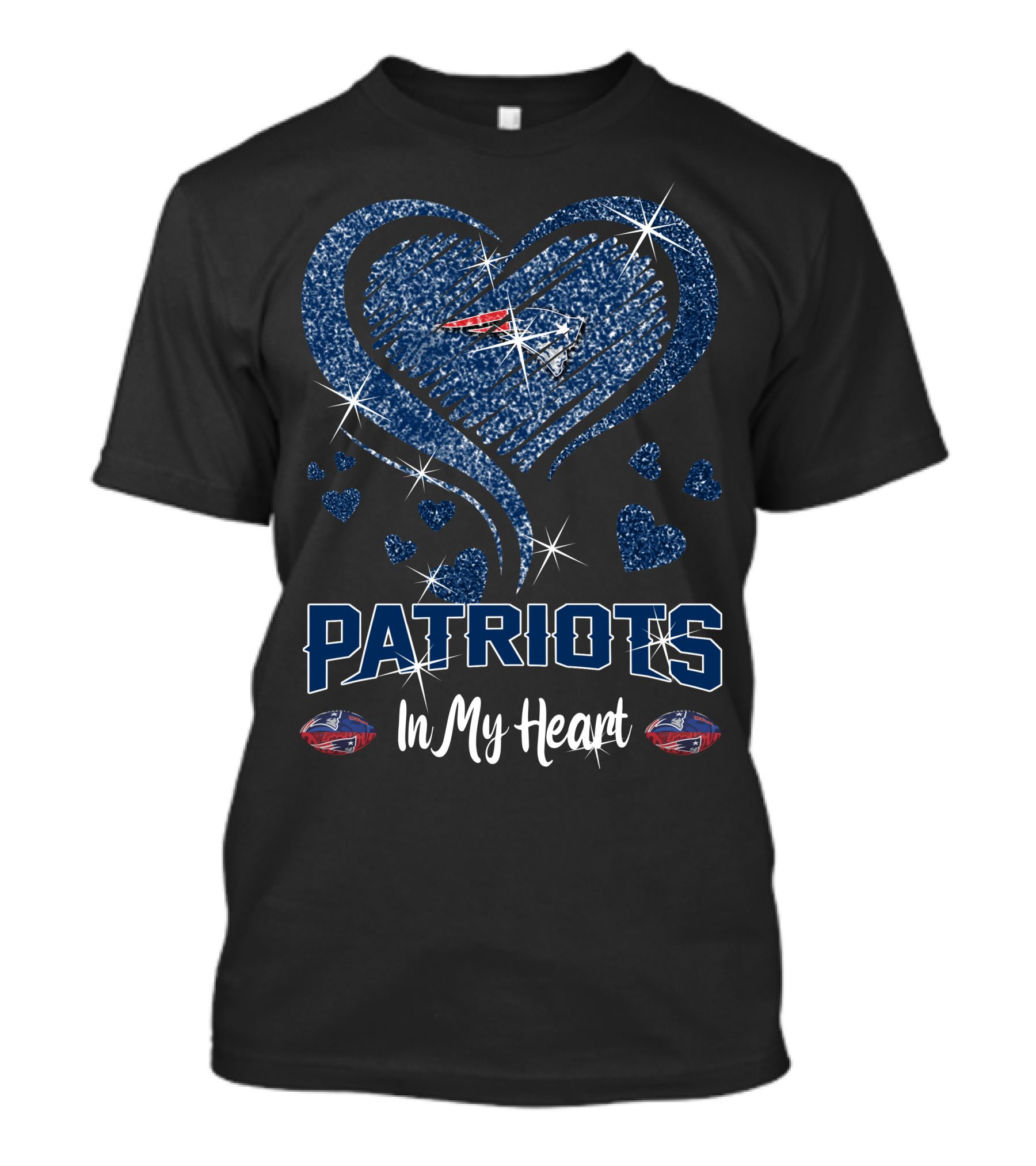 Patriots In My Heart New England Football Sparkle Hearts T-Shirt