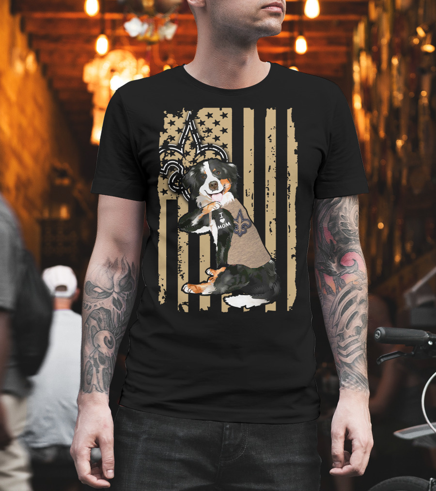 Border Collie I Love Mom New Orleans Saints Fleur-de-Lis Stripes T-Shirt