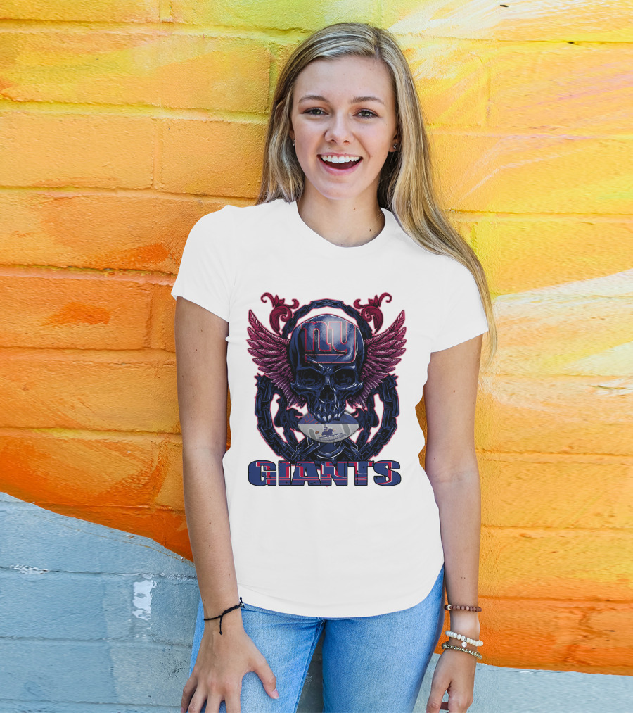 Skullfb New York Giants Winged Skull Design With Football Helmet And Chains T-Shirt