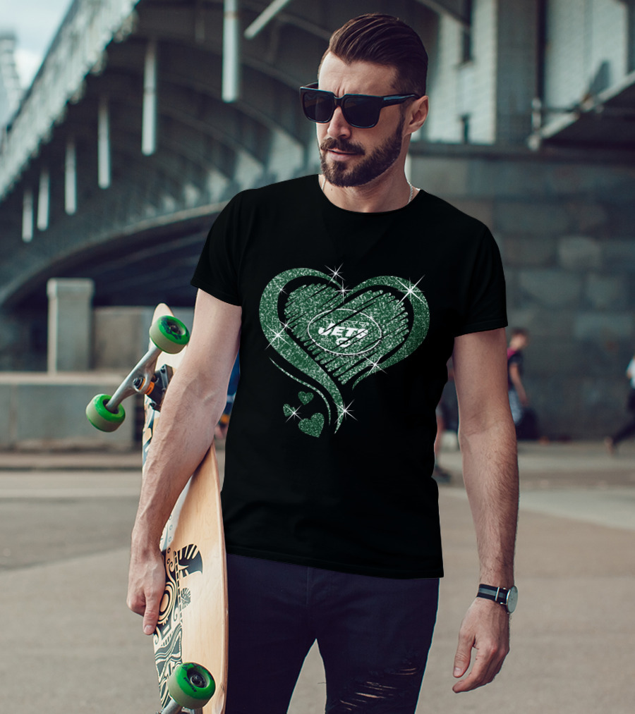 Heart Diamond Jets Glitter Green Football Fan T-Shirt