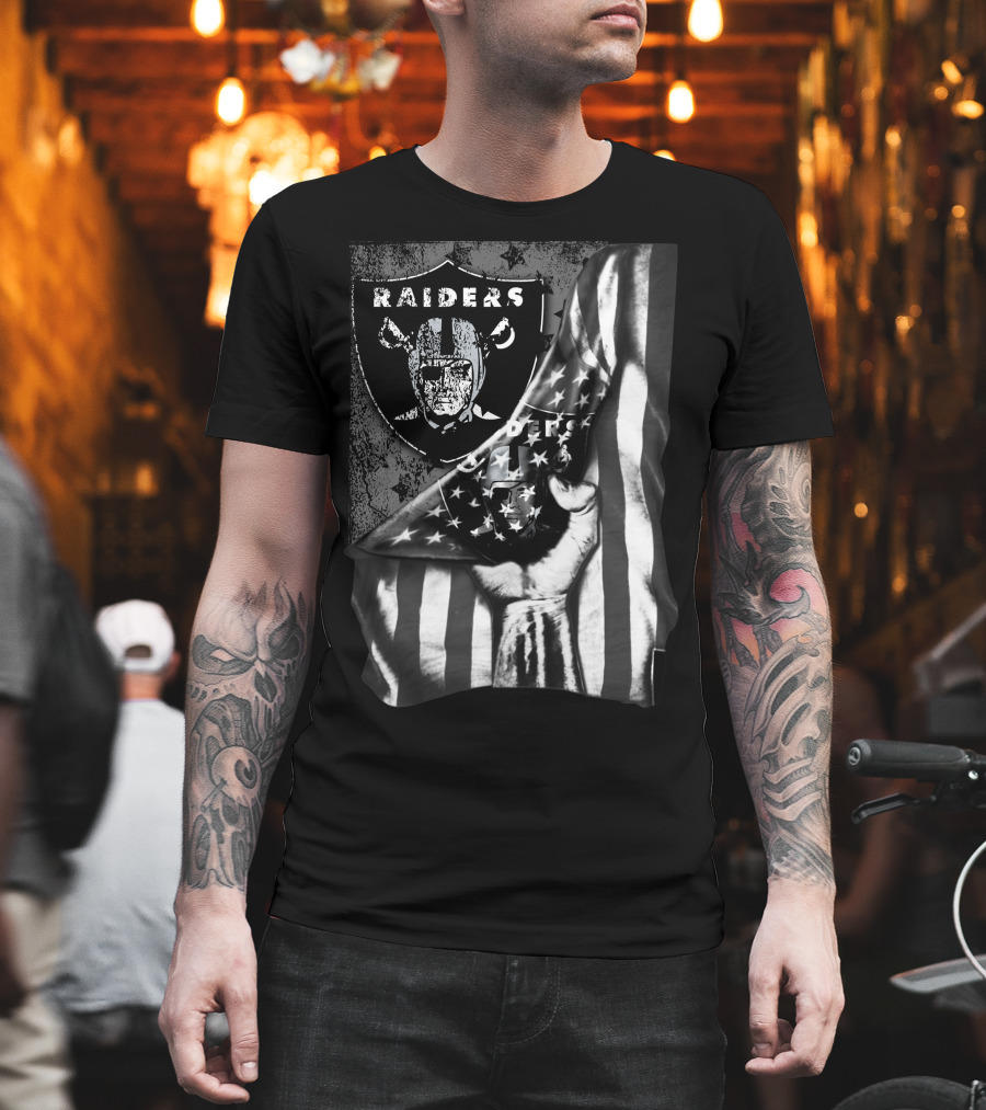 Raiders Shield With American Flag And Hand Holding Stars Grayscale T-Shirt