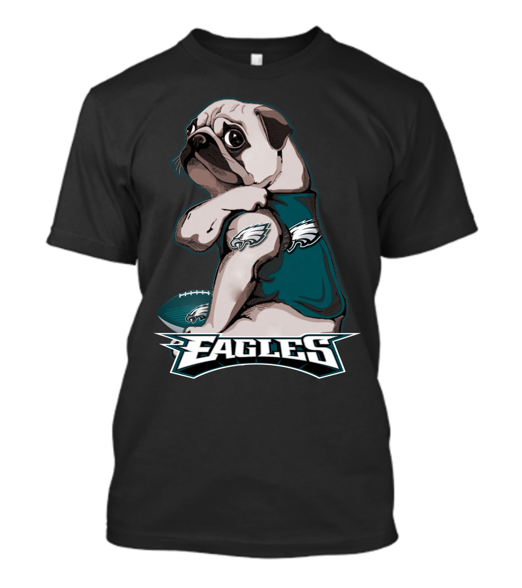 Pug Wearing Eagles Jersey With Football And Eagles Text T-Shirt