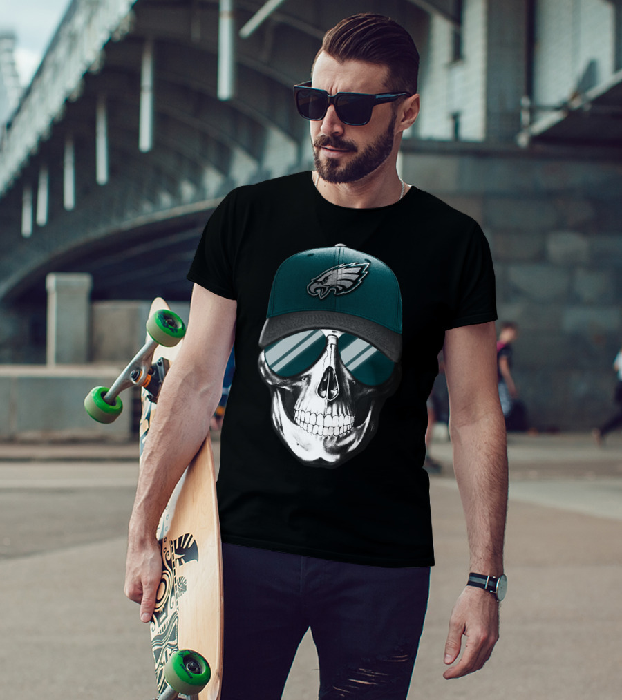 Skull Wearing Philadelphia Eagles Logo Hat And Sunglasses T-Shirt