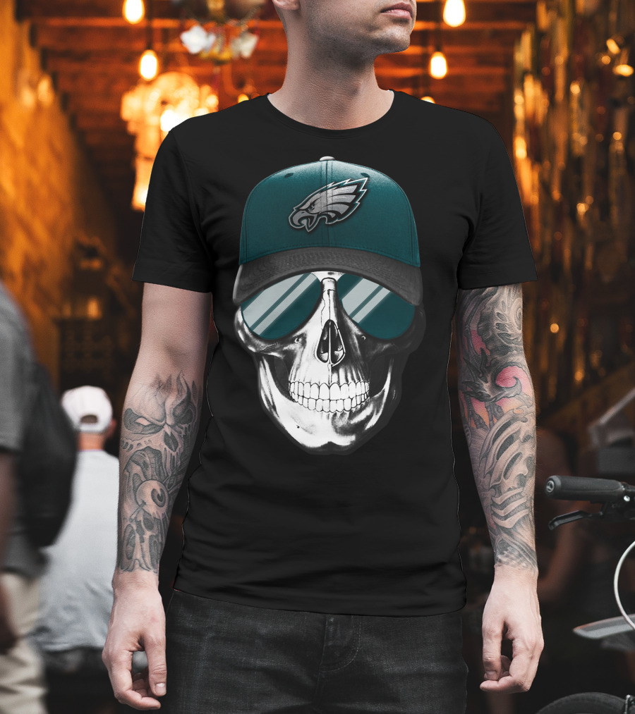 Skull Wearing Philadelphia Eagles Logo Hat And Sunglasses T-Shirt