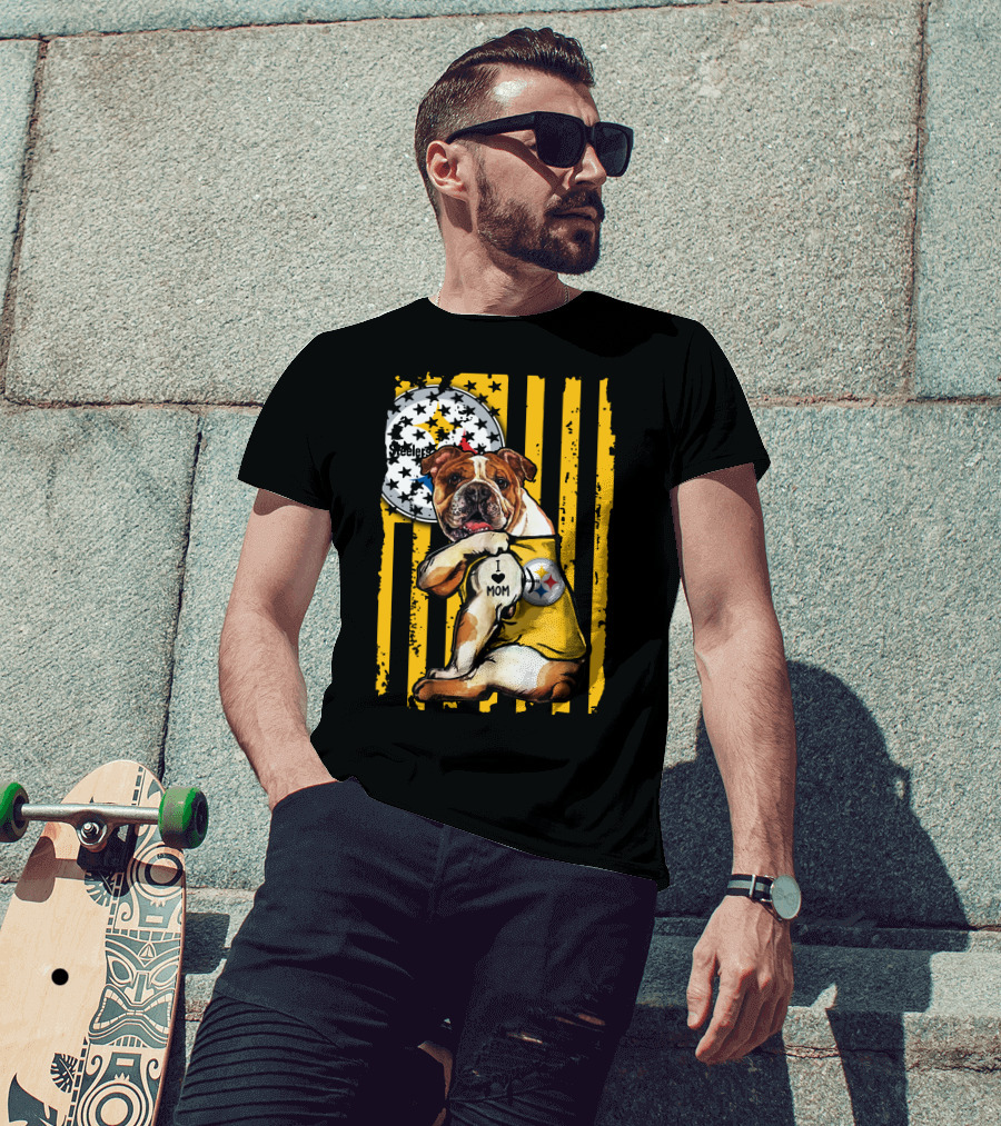 Pittsburgh Steelers Bulldog I Love Mom Stripes T-Shirt