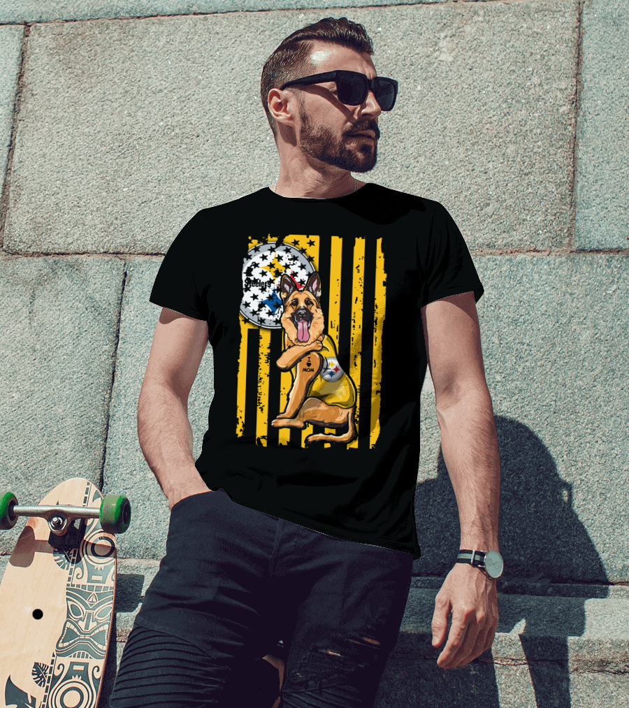 German Shepherd Steelers Fan With I Love Mom Tattoo And Team T-Shirt