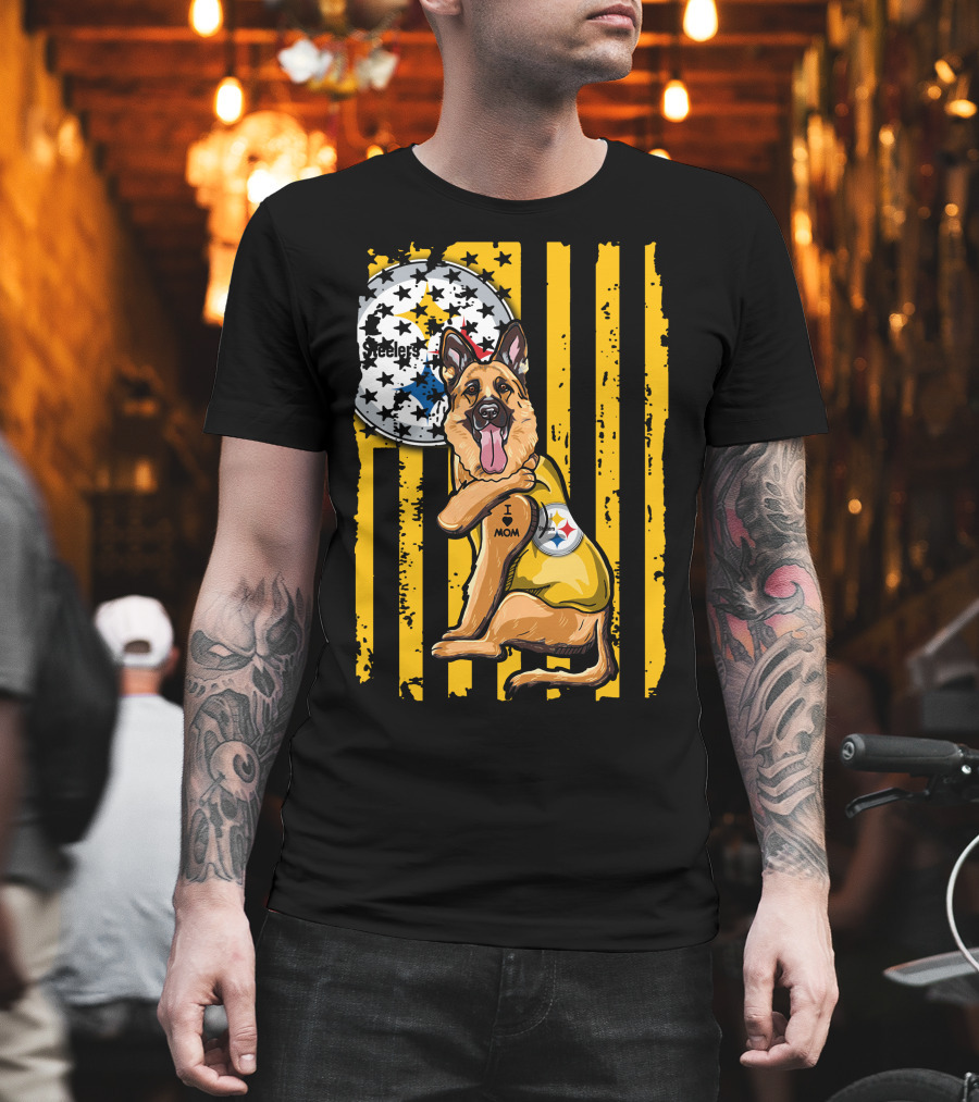 German Shepherd Steelers Fan with I Love Mom Tattoo and Team T-Shirt
