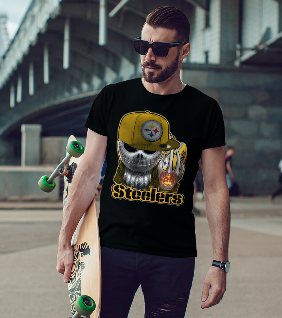 Steelers Skull With Yellow Cap And Pumpkin Hand T-Shirt