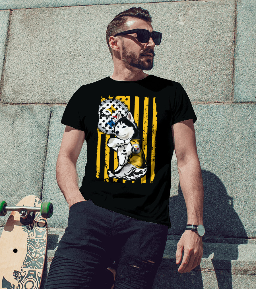 Siberian Husky Steelers Mom Fan Art With Pittsburgh Colors T-Shirt