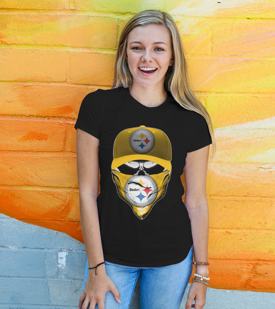 Skull V6 Pittsburgh Steelers Logo With Hat And Bandana T-Shirt