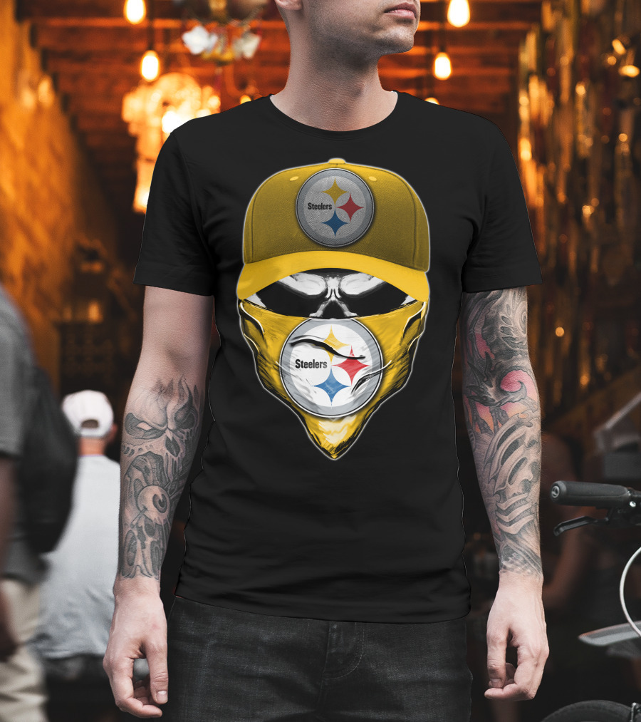 Skull V6 Pittsburgh Steelers Logo With Hat And Bandana T-Shirt