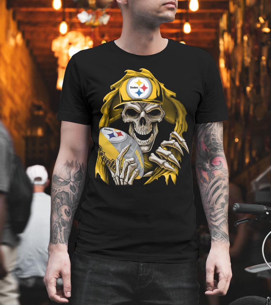 Skullbong Steelers Skeleton with Football and Cap T-Shirt