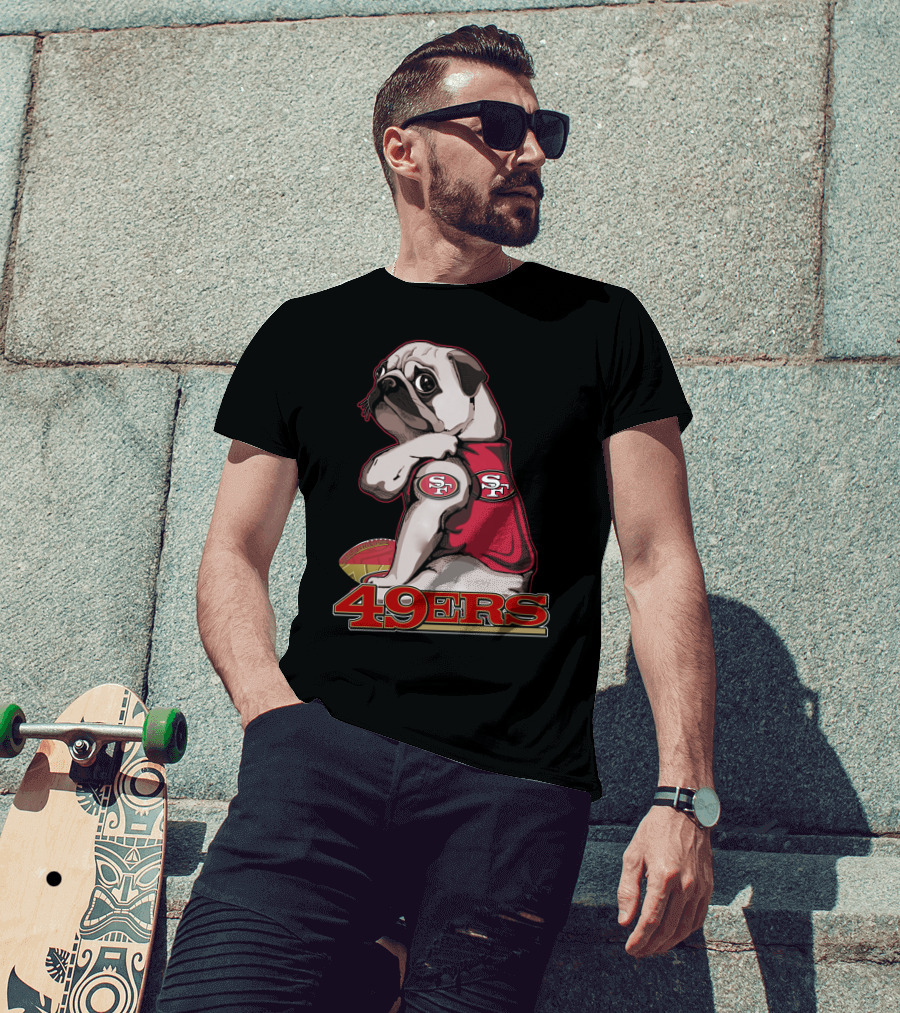 Pug Wearing San Francisco 49ers Gear With Football T-Shirt