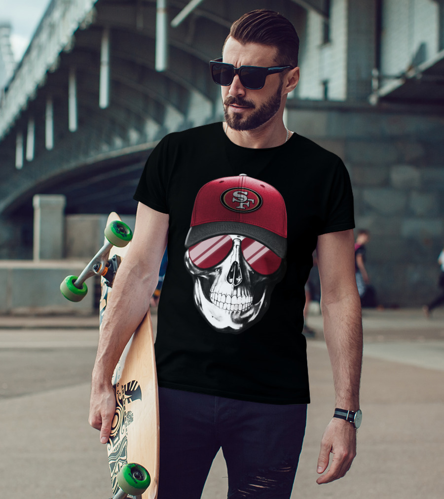Skull V7 San Francisco 49ers SF Logo Hat And Sunglasses T-Shirt
