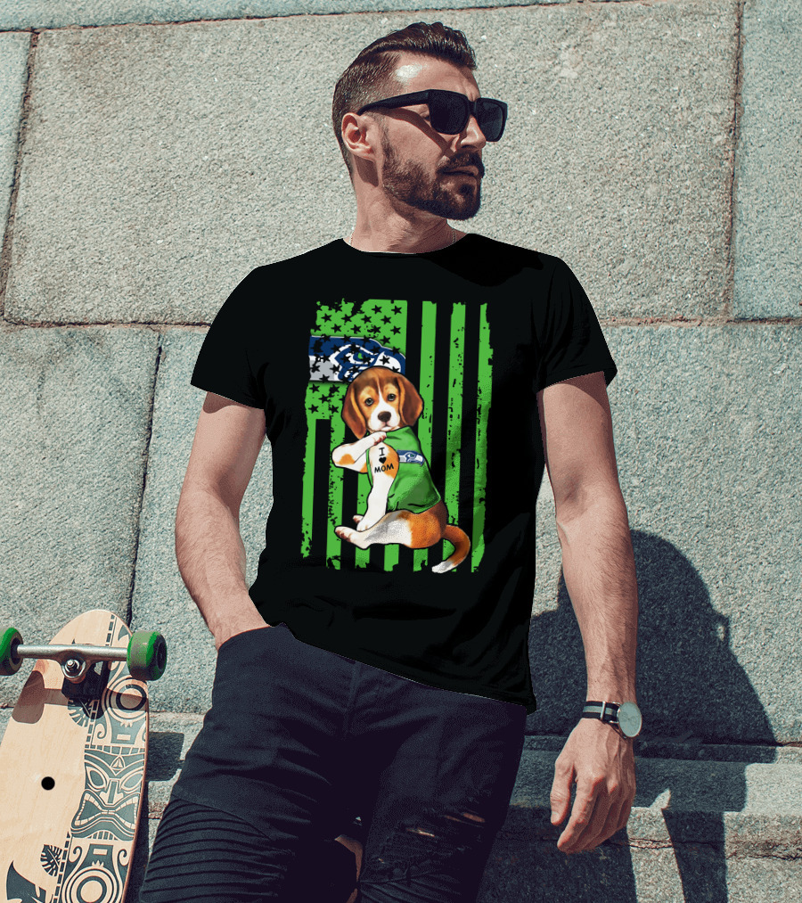 Seattle Seahawks Beagle With I Love Mom Tattoo T-Shirt