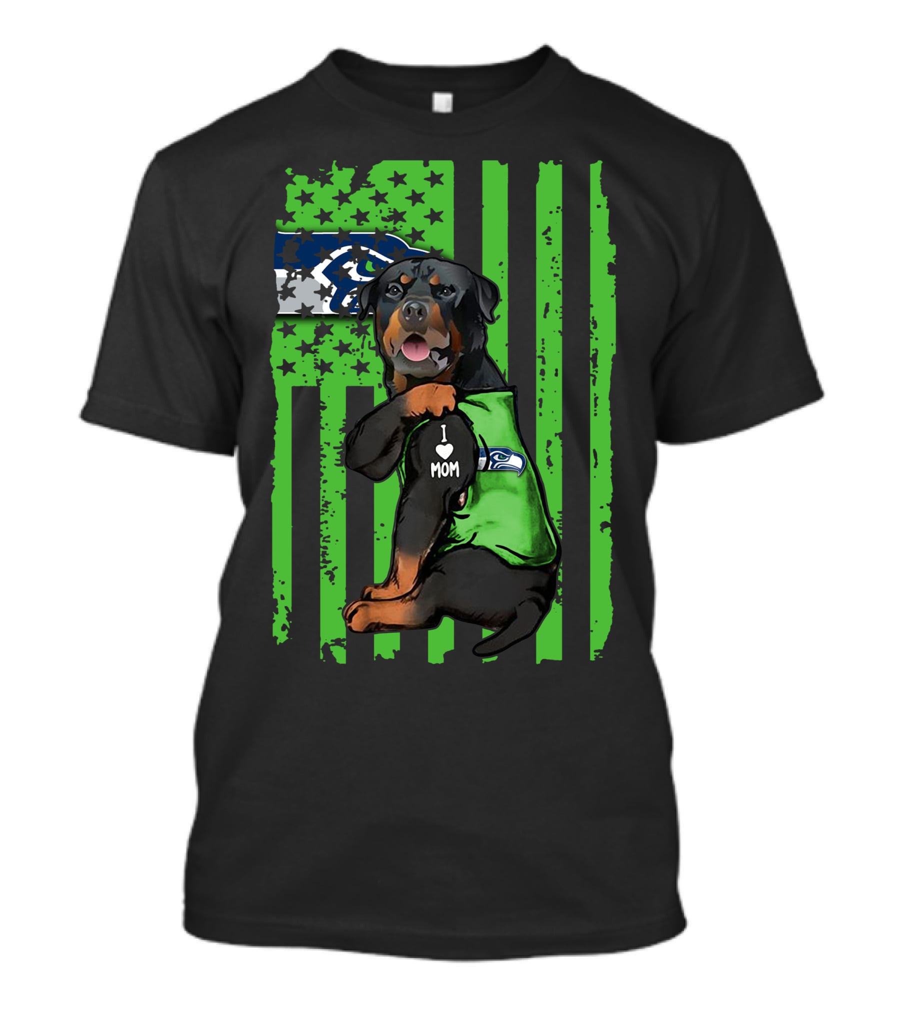 Rottweiler I Love Mom Seattle Seahawks Green Flag T-Shirt