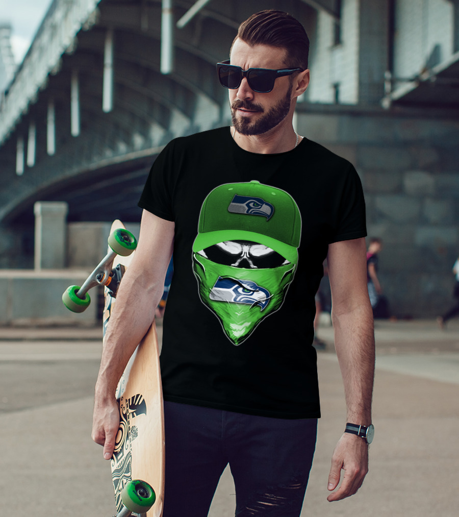 Skull V6 Seattle Seahawks Logo On Green Cap And Bandana T-Shirt